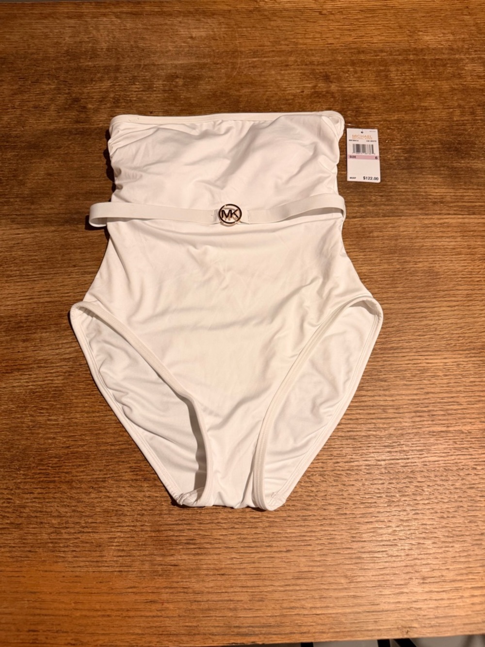 Michael Kors Cream Strapless One-Piece Swimsuit with Gold MK Belt
